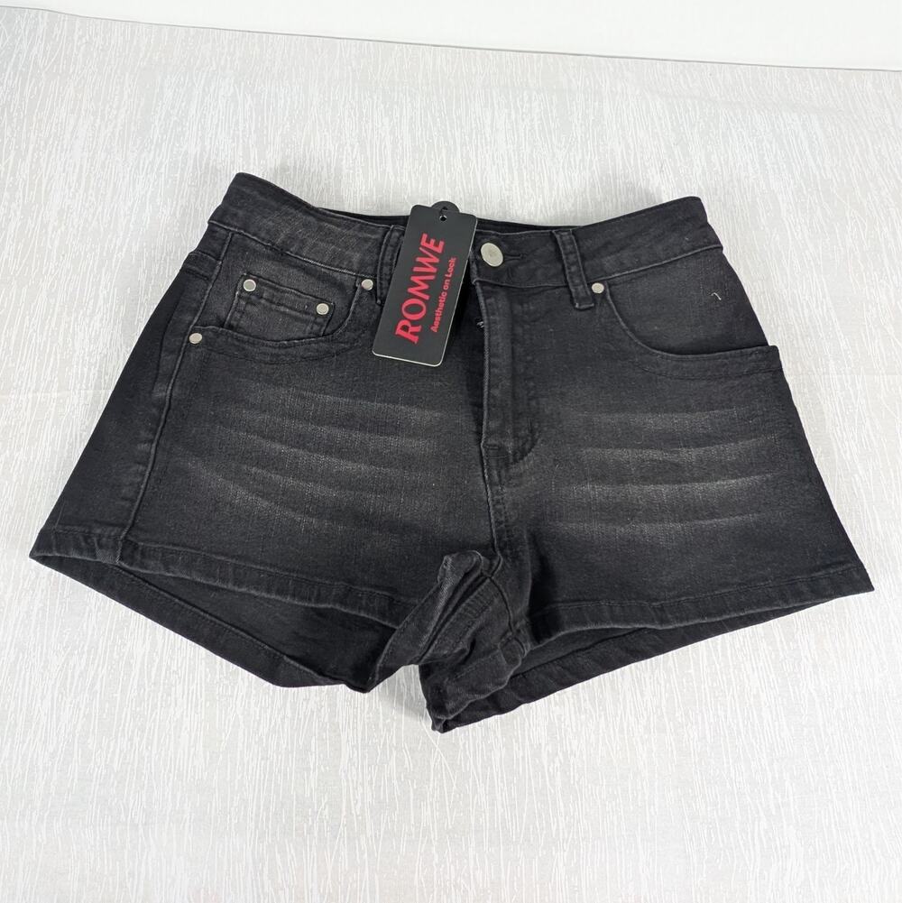Romwe Jean Shorts Womens Small Black Bedazzled Skull Rhinetsone Biker
